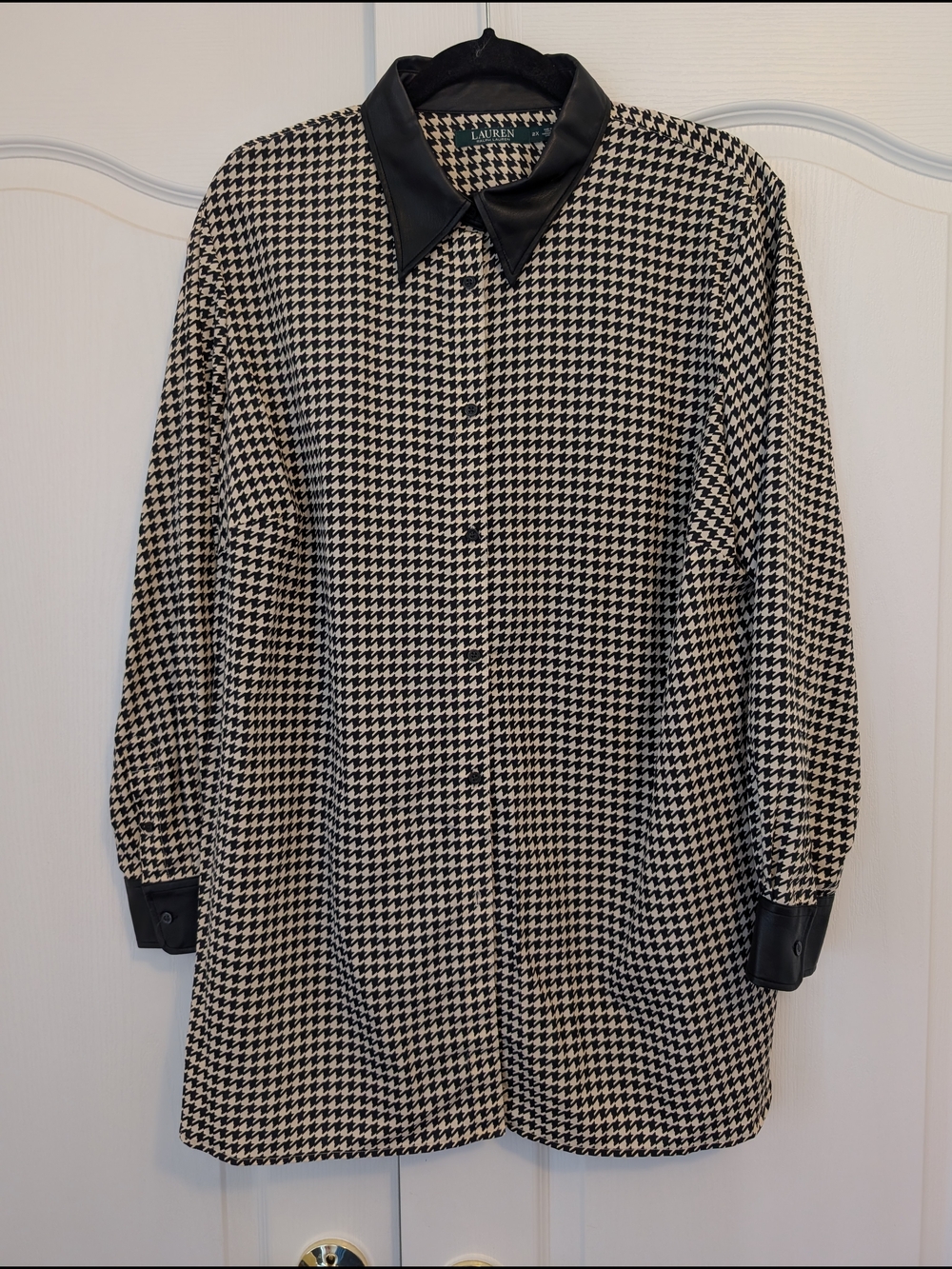 Lauren Ralph Lauren Houndstooth Button-Up with Black Faux Leather Collar